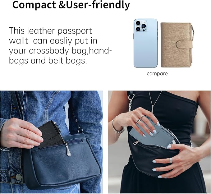 Passport wallet and Card Slot Combo RFID Blocking Leather Travel Passport Wallet for Men and Women with Zippered Coins Pocket Passport holder, khaki Grey