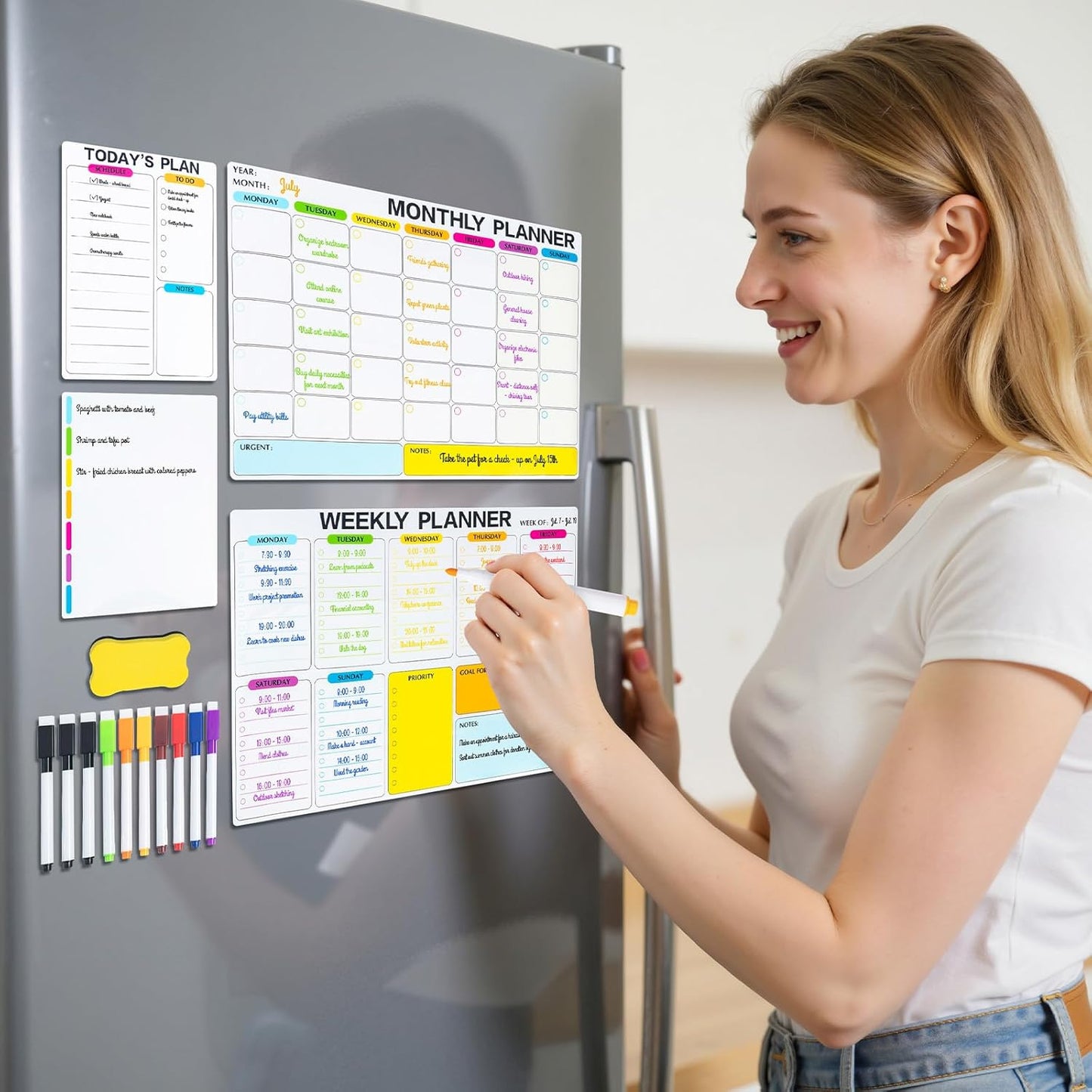 M&G Dry Erase Magnetic Fridge Calendar Set, 4 Pack- Monthly & Weekly & Daily Planner Whiteboard with 10 Markers and Eraser, Chore Chart for Refrigerator Wall Door, Family Schedule Planning Whiteboards