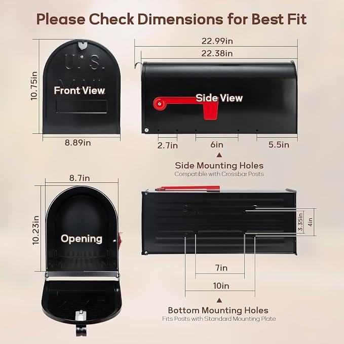 Large Mailboxes for Outside, RAINHOL Black Metal Mailbox, Galvanized Steel Post Mount Mail Box, T3 Large Capacity, 23 x 10.7 x 8.9 Inches