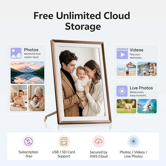 ARZOPA 2K Digital Picture Frame 14 Inch Free Cloud Storage No Subscription QHD Anti-Glare Touchscreen Metal Frame Load Photos Videos from Phone Ideal for Gifting - D14Pro Mocha Brown