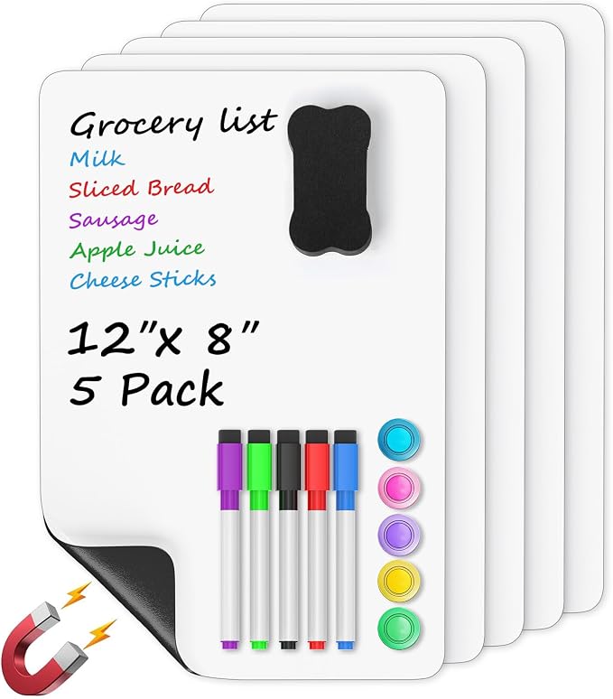 MaxGear Magnetic Whiteboard for Fridge 12x8 White 5 Pack | Strong Magnet, Dry Erase, Reusable, Easy Clean, Stain Resistant, Meal Planner, Grocery List, Family Notes, Kitchen Organizer