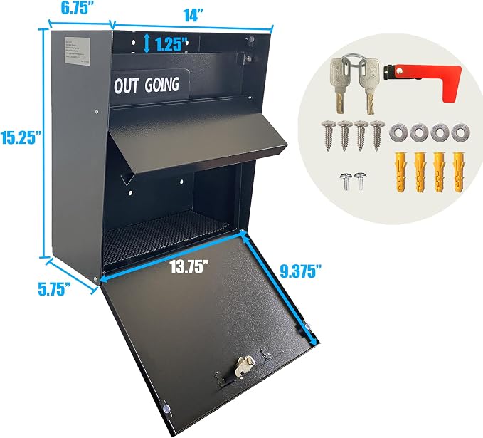 Locking Wall-Mount Large Mailbox with Outgoing Mail Flag | Galvanized Steel Rainproof Outdoor Mailbox for Homes, Apartments, Offices & Businesses, Black