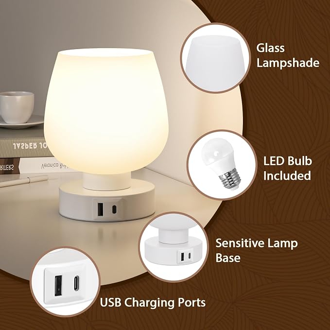 Seealle Touch Table Lamp for Nightstand Set of 2 - Bedside Lamp with USB C+A Charging Ports for Bedroom Living Room Night Stands, Desk Lamp with White Glass Shade for Small Spaces, 3 Way Dimmable