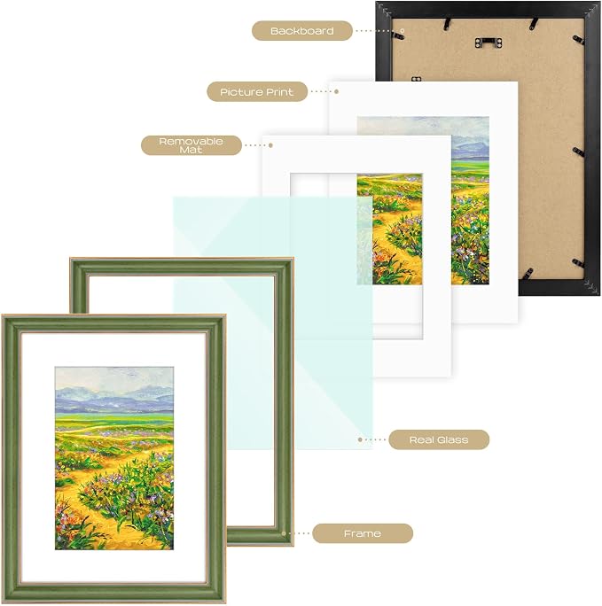 Golden State Art, 12x16 Photo Frame With Mat for Pictures 8x12 and Real Glass (Green With Gold Trim - White Color Mat, 1.25 Inch Frame Border)