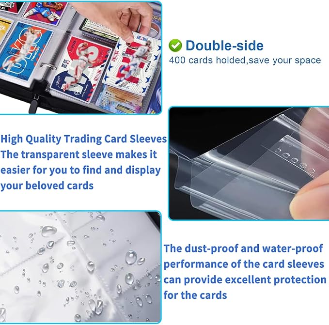 4 Pocket Card Binder for Cards, Trading Card Binder Fits 400 Cards with 50 Removable Sleeves, Zipper Card Holder Case Album Book for Boys Girls