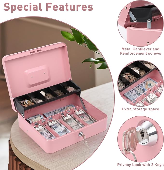 KYODOLED Locking Cash Box with Lock, Money Box with Cash Tray,Lock Safe Box with Key, Money Saving Organizer, 11.81Lx 9.45Wx 3.54H Inches, Pink XL Large