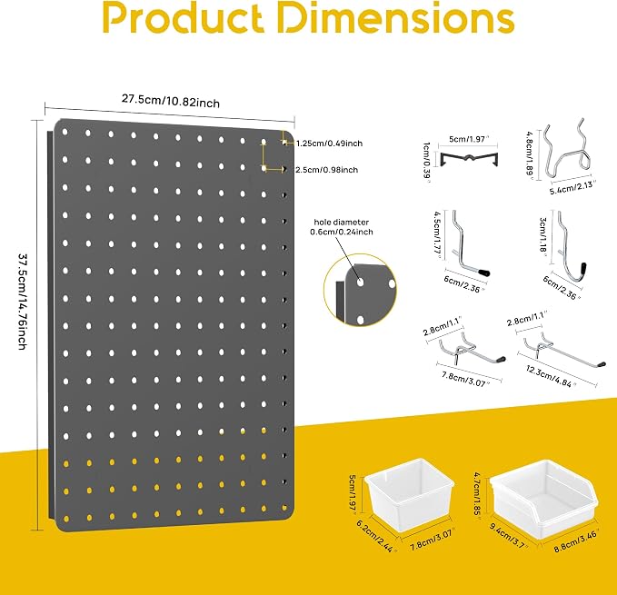 Steel Pegboard Tool Wall Organizer, 6 Pack 14.76 x 10.82 in, 6 Bins, Gray | 6 clear storage bins organize screws and small parts; 36 hooks and 30 peg locks keep garage tools sorted and easy to reach.