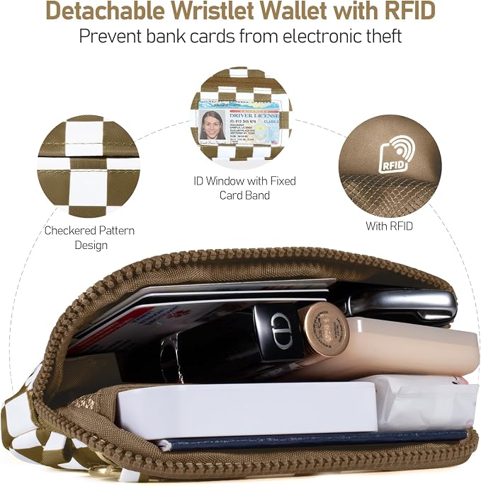 Tiostep Clip and Go Strap for Phone with Wallet Crossbody Phone Lanyard Adjustable and Detachable RFID Wristlet Wallet (Camel Checkered, Large)