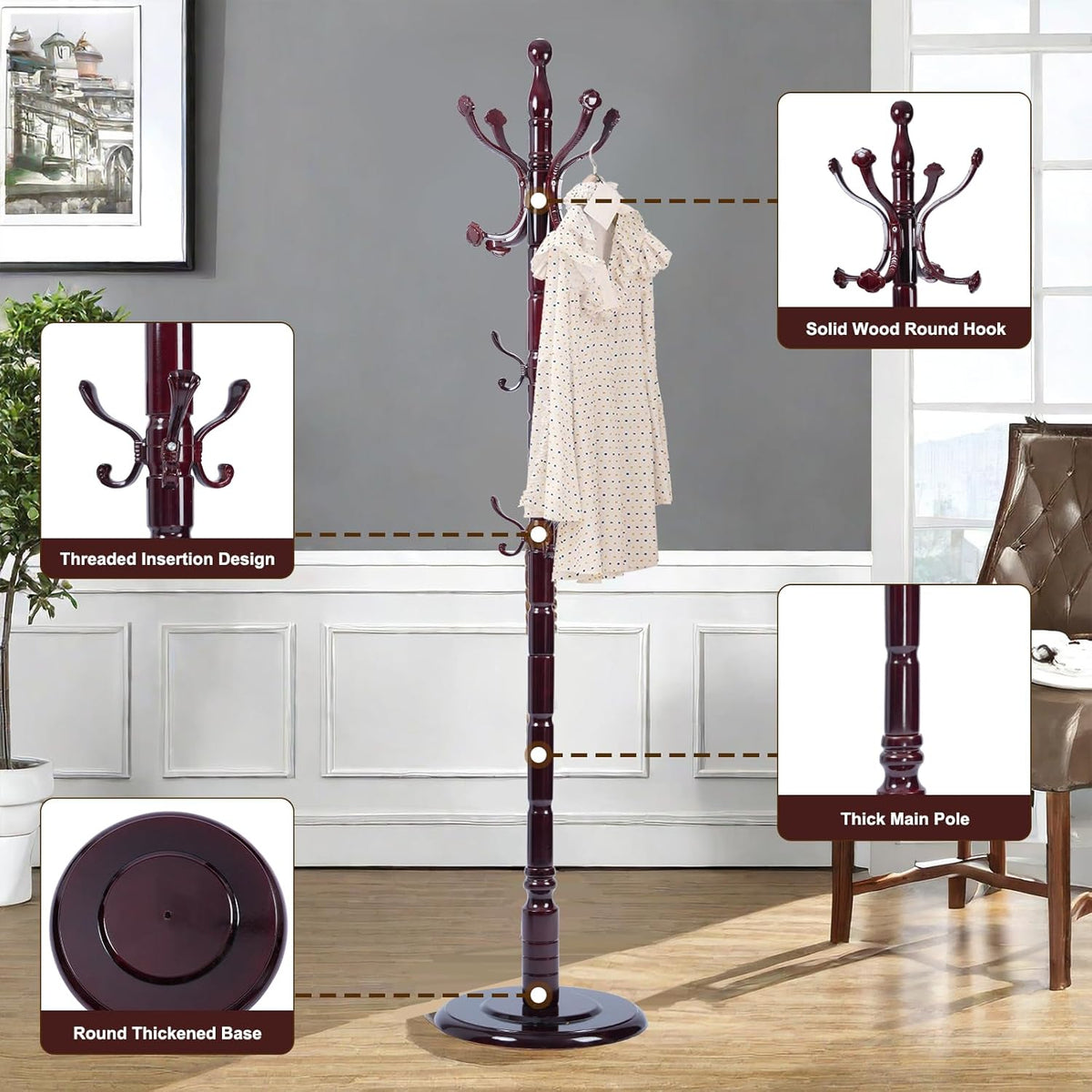 Solid Wood Coat Rack – 72" Freestanding Coat Racks Stand with 14 Hooks & Stable Base, Adjustable Height Modern Wooden Hall Tree for Entryway, Bedroom, Office, Home (Mahogany Lucky Hook)