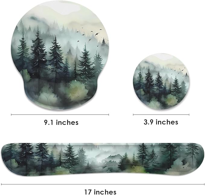 Ergonomic Mouse Pad Set with Wrist Rest, Green Mountain | Forest Ink Style Non-Slip Rubber Base Wrist Cushion Support and Coasters Mousepad with Wrist Support for Computer Keyboard