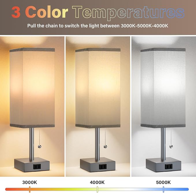 Bedside Lamp for Bedroom Set of 2 - Grey Table Lamp for Nightstand | AC Outlet, 3 Color Temperatures, LED Bulb Included, Pull Chain Design, 14" Rectangular Desk Lamp for Dorm/Office, 2-Pack