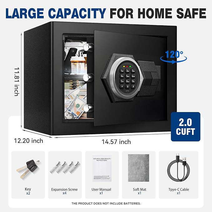 2.0 Cu Ft Small Home Safe Box, Fire Proof Safe with Type-C Port | Steel Security Box with Digital Electronic Keypad, Removable Shelf, Safety Lock Box for Office Documents Money Jewelry Gun