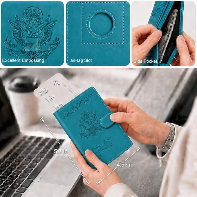 Passport Holder with Air-Tag Slot RFID Blocking Leather Travel Wallet | Multiple Card Compartments, SIM Card Access, Compact Carry Design, Flight Ready Essentials for Men & Women, Blue