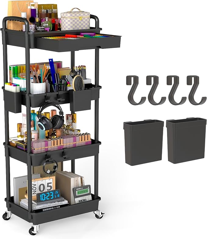 4 Tier Rolling Utility Cart with Drawer, Plastic Storage Organizer Rolling Carts with Wheels Handles Hanging Cups Hooks for Office, Bathroom, Kitchen,Craft Art Room (Black)