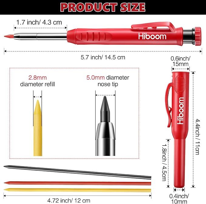 Hiboom 2 Pcs Carpenter Mechanical Pencils Marker with 18 Pcs Refills Construction Woodworking Marking Pens with Built in Sharpener and Protective Cap Long Solid Tip for Architects Woodworkers