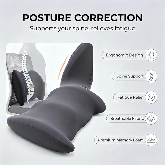 Lumbar Support Pillow Memory Foam Back Cushion for Sciatica & Lower Back Pain Relief Orthopedic Posture Corrector for Office Chair Gaming Chair Car Seat Breathable Washable Dark Gray