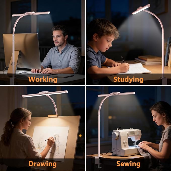 LED Desk Lamp for Home Office, Flexible Gooseneck Desk Lamp with Clamp, 5 Color Touch Control Stepless Dimming Adjustable Eye-Caring Desk Light with Adapter for Reading, Study, Workbench (Pink)