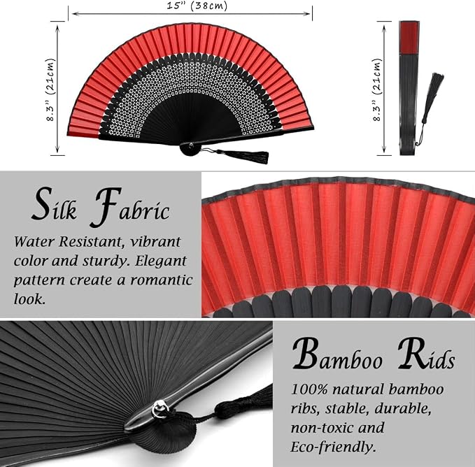 OMyTea Folding Hand Fan for Women - Foldable Chinese Japanese Vintage Bamboo Silk Fan - for Hot Flash, Church, Decoration, EDM, Music Festival, Dance, Party, Performance, Gift (Sexy Black - Red)