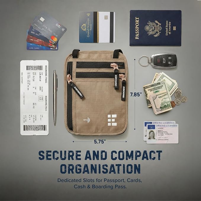 Zero Grid RFID Travel Neck Wallet, Large Passport Holder, Beige | Slim & Concealable Travel Pouch for Men & Women; Holds Phone, Cash, Cards, Keys, Waterproof; 4 compartments; Adjustable Strap