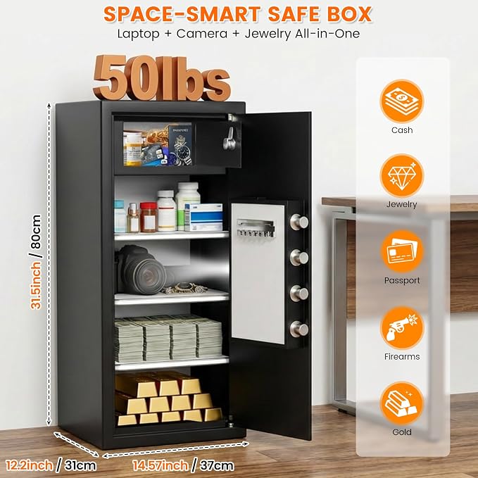 8.0 Cuft Slim Home Safe with Inner Lock Box, 31.5"H Closet-Friendly | 50LBS Heavy Duty Steel, Alarm System, LED Light, Removable Shelves | Wall/Floor Mountable for Apartment, Home Office