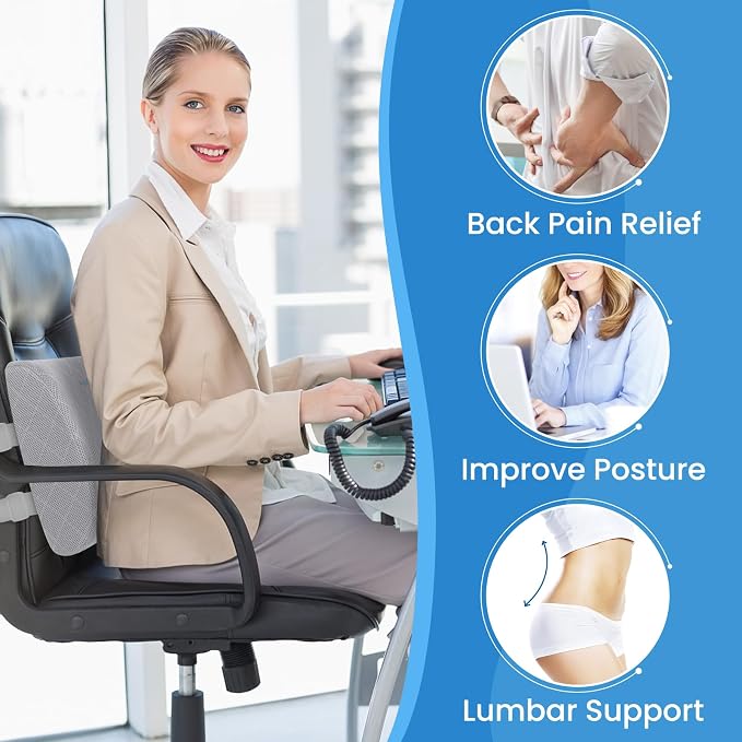 Lumbar Support Pillow for Office Chair, Back Support, Memory Foam | Improve Sitting Posture & Back Pain Relief. Lumbar Pillow Fits Office, Gaming & Car Chairs with Adjustable Dual Straps