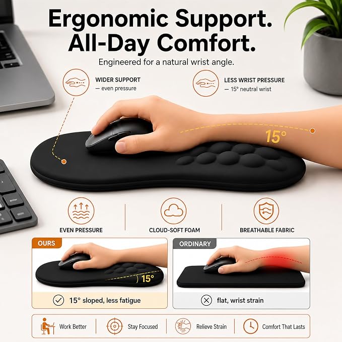 Ergonomic Mouse Pad with Wrist Rest, Large 12x8 inch, Black | Memory Foam, Dual-Slope Wrist Support, Non-Slip, For Office & Gaming