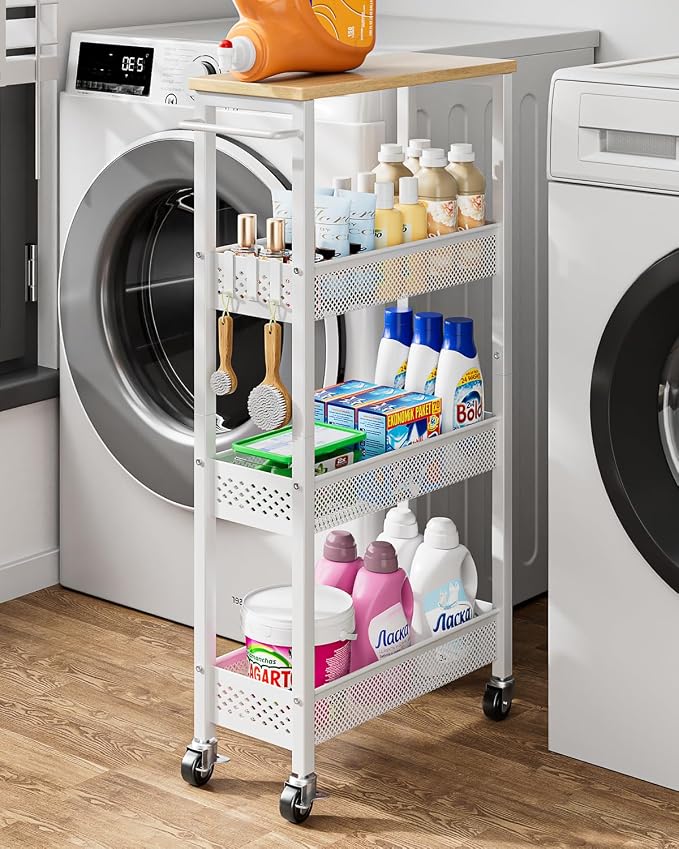 Slim Rolling Storage Cart 4 Tier Bathroom Organizer Mobile Shelving Unit Utility Cart with Wood Top and Handle for Kitchen Laundry Narrow Places, White