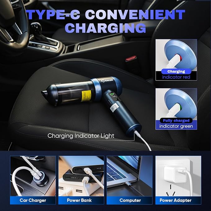 Saker Car Vacuum Portable Cordless 20000Pa Suction Power 4 in 1 Handheld Vacuum with LED Light Type-C Portable Mini Vacuums for Valentine's Day Gifts Car, Home, Office, Pet HL157 Blue