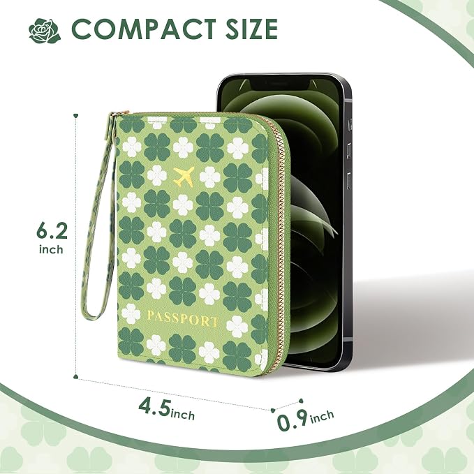 KONVINIT Four Leaf Passport Holder For Travel, Passport Cover For Women | Leather RFID Blocking Passport Holder, Cute Passport Wallet with Zipper Closure, Passport Case for Women and Men