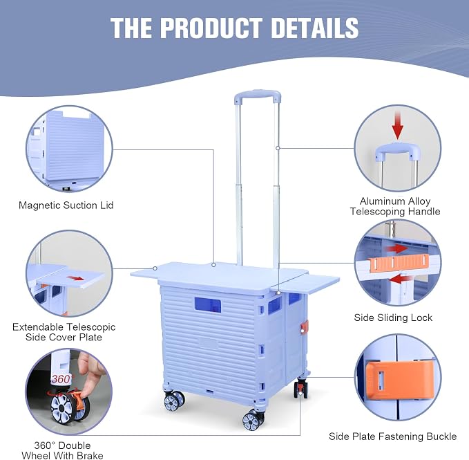 FELICON SELORSS Folding Utility Cart Portable Rolling Crate Handcart-Blue | Magnetic Sliding Lid,Telescoping Handle,Plastic Box Dolly,360°Swivel Wheels for Travel Shop Move Laundry Office Teacher Use