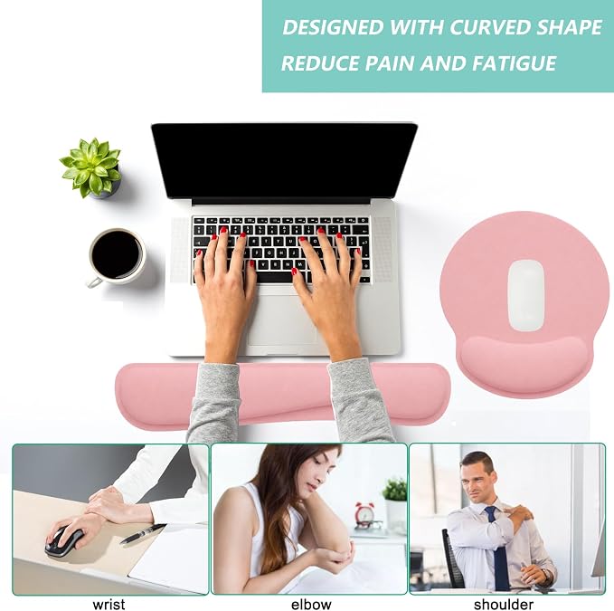 Keyboard Wrist Rest Pad Mouse Pad with Wrist Support Set of 3, Mousepad with Non-Slip Rubber Base, Ergonomic Memory Foam Mouse Wrist Cushion Support for Home Office Laptop Computer, Pink