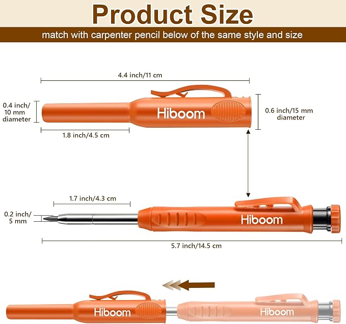 Hiboom 2 Pack Carpenter Pencils with Pencil Cap and 18 Refills, Orange | Mechanical Pencil, Deep Hole Marking, Built-In Sharpener, Long Nose Tip, Pocket Clip, Marks Many Surfaces, Woodworking Use