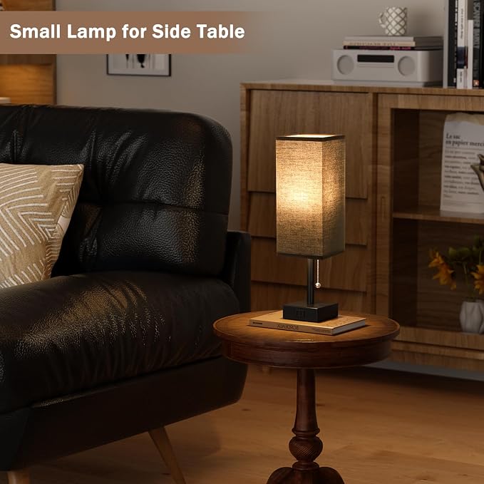 Bedside Lamp for Bedroom Set of 2 - Black Table Lamp for Nightstand | AC Outlet, 3 Color Temperatures, LED Bulb Included, Pull Chain Design, 14" Rectangular Desk Lamp for Dorm/Office, 2-Pack