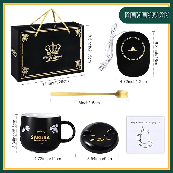 Honeydak Coffee Mug Warmer Cute Cat Mug Set Cup Warmer for Women Heated Coffee Warmers for Mom Home Office Desk Valentine's Day Anniversary Birthday Gifts(Sakura,Black)