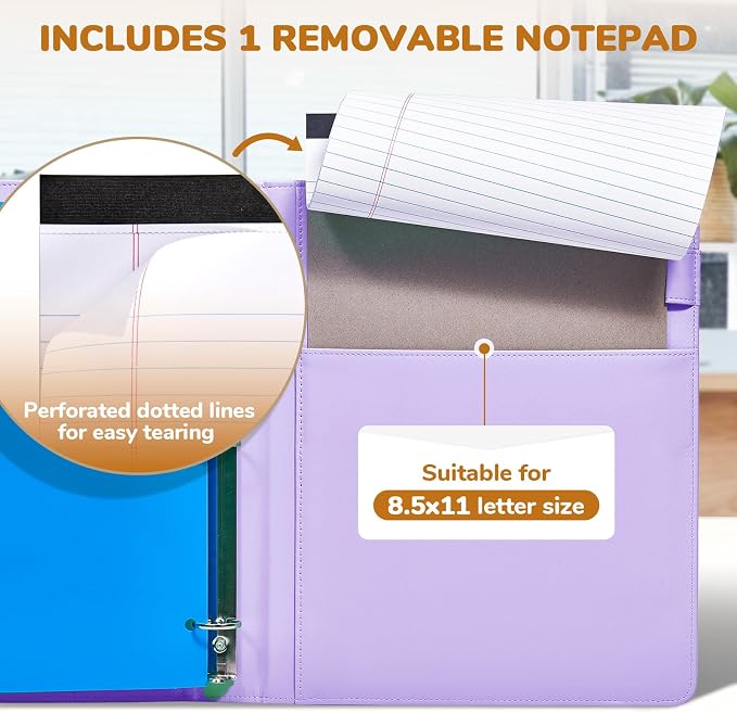JoyCat 3 Ring Binder Clipboard with Storage, 5 Folders, Purple | 3 ring clipboard portfolio combines five expandable folders, a refillable letter-size notepad and storage