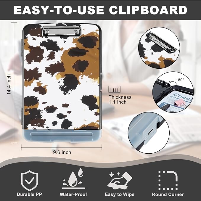Clipboard with Storage,Storage Clipboard with Pen Holder,Heavy Duty Plastic Storage Clipboard with Low Profile Clip,Teacher Must Haves,Clipboard Folder,Office Supplies,Cow Leopard -1340