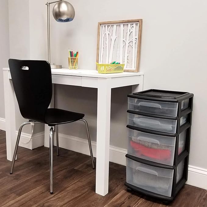HOMZ Drawer Tower, 4-Tier Cart w/Removable Wheels, Black Frame, 2-Pack | Clear Plastic Rolling Drawers for Home, Bathroom, Bedroom, Office & Classroom