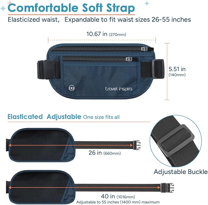 Travel Money Belt with Slim Anti-Theft RFID Passport Holder for Travel | Waist Pack Concealed under Clothes for Ultimate Protection of Credit Cards, Cash, Passport & Documents, Navy Blue