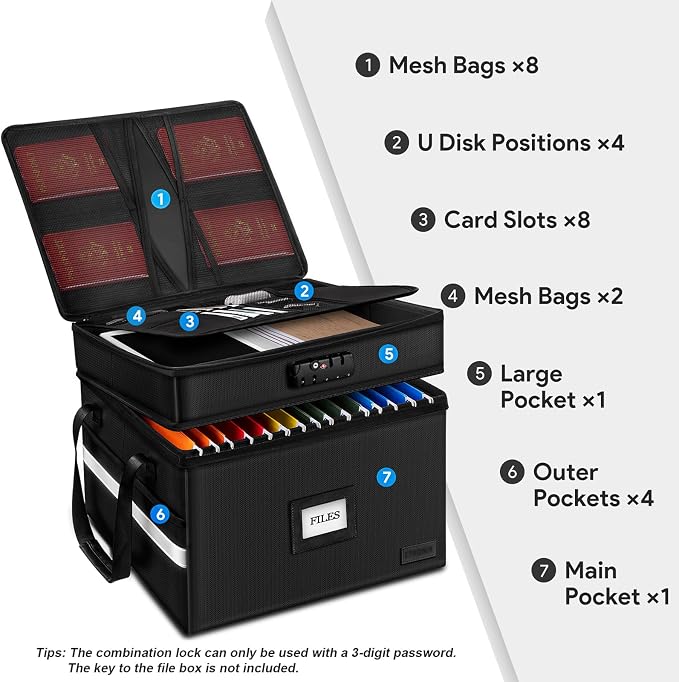 Fireproof File Oganizer with Lock, 2 Layer Fireproof Document Storage Box | Portable Office File Cabinet with 5 Tab Inserts, Collapsible File Storage for Hanging Letter, Legal Size Folder, Certificate