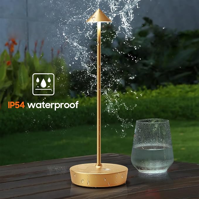 Cordless Rechargeable Led Table Lamp Battery Operated Light Gold | 6000mAh Touch 3 Color Dimming Portable Metal Outdoor Waterproof Light for Patio/Restaurant/Dining/Home