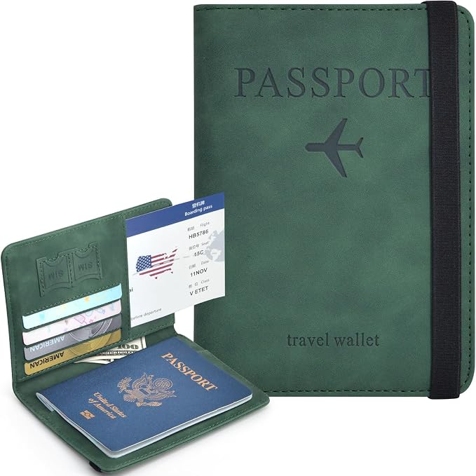 Passport Holder, Passport Cover with Credit Card Slot and Boarding Pass Slot Combo, Passport Wallet Case Book Travel Must Have, RFID Blocking Leather Travel Accessories, Atrovirens