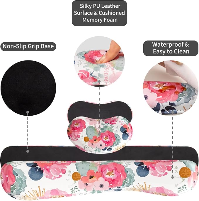 QIYI PU Leather Desk Mat Set, 4-in-1 Ergonomic Wrist Rest, Pink Flowers | Waterproof Large Mouse Pad 31.5×15.7 + Keyboard Wrist Rest + Mouse Wrist Support+Coaster, Non-Slip Office Gaming Accessories