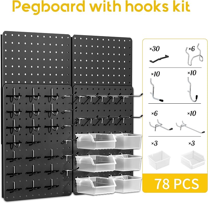 Steel Pegboard Tool Wall Organizer, 4 Pack 14.76 x 10.82 in, 6 Bins, Black | 6 clear storage bins organize screws and small parts; 36 hooks and 30 peg locks keep garage tools sorted and easy to reach.