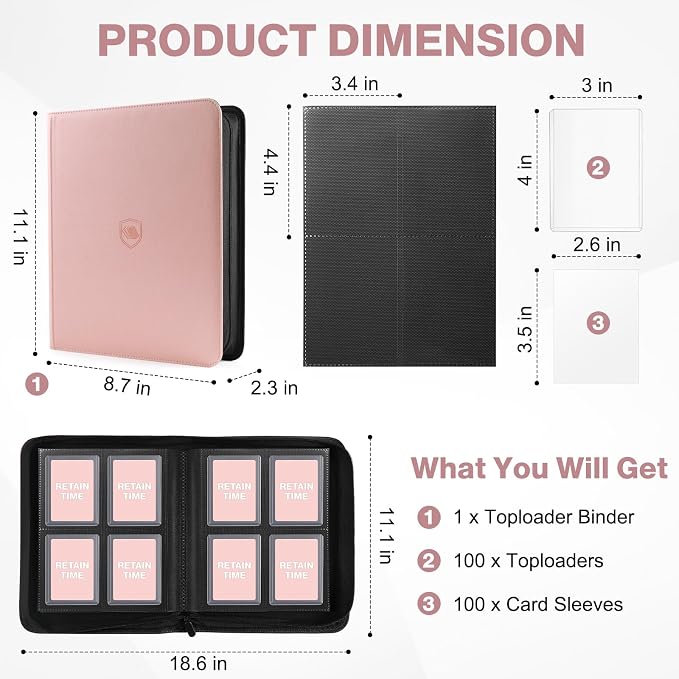 Toploader Binder, Holds 160 Toploaders, 100 Toploaders INCLUDED, 4-Pocket PU Cover Top Loader Binder for 3" x 4" Rigid Toploader, Ringless Double-Sided Toploader Card Binder for TCG, Sport Cards