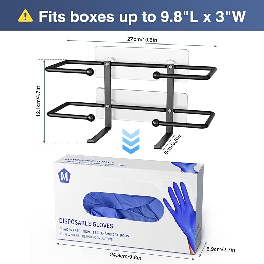 Glove Box Holder, Adhesive Wall-Mounted Metal Dispenser, Black | Tool-Free Adhesive Wall Mount Metal Glove Box Holder for Latex Rubber Gloves, Facial Tissues and Wipes Storage