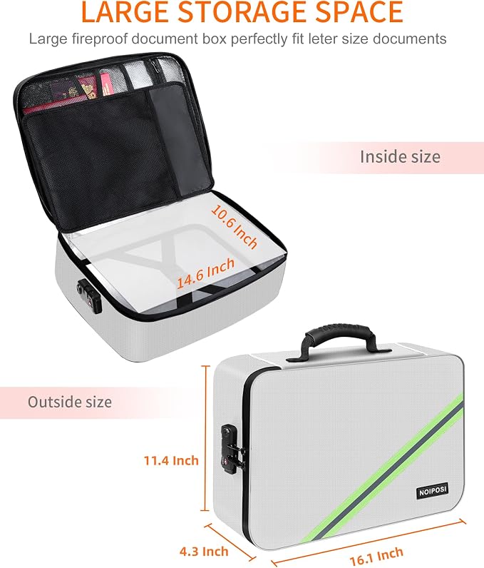 5200℉ Fireproof Document Box with Lock 16.1"x11.4"x4.3" | Portable ,Home ,Travel Water Resistant Document Storage Organizer for Important Documents and File ,Silver