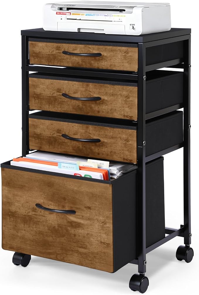 4 Drawer Rolling File Cabinet Mobile Printer Stand Metal Cart with Fabric Vertical Filing Chest Wheels A4 Letter Size Under Desk Utility Craft Storage Organizer for Home Office School(Brown)