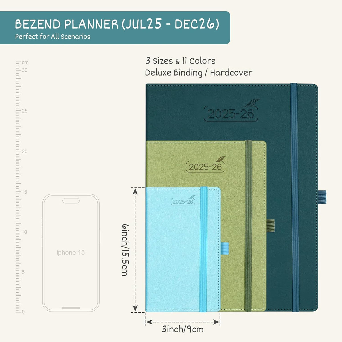 BEZEND Pocket Planner 2025-2026 Weekly and Monthly, 3.5" x 6" Academic Planner (Jul 25-Dec 26) 18-Month Mid-Year Calendar Book, Storage Pocket, Pen Holder, PU Leather Hardcover - Mint Green