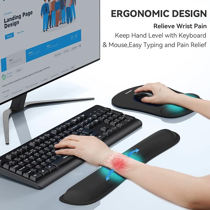 TECKNET Keyboard Wrist Rest and Mouse Pad Set with Wrist Support | Memory Foam Ergonomic Mousepad Rests for Pain Relief, Wrist Rest for Computer Keyboard for Office & Home