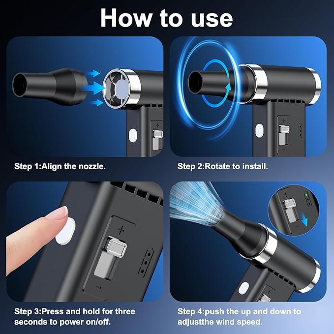 Mini Ultra-Slim Electric Compressed Air Duster, 150,000RPM Brushless Motor, Powerful Airflow for Keyboard/PC/Car, USB-C Rechargeable